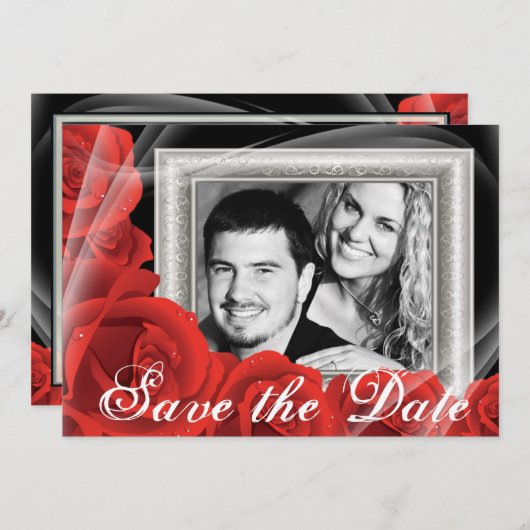 あなたの写真の赤いバラの結婚式の保存日付カード セーブザデート (正面/裏面)