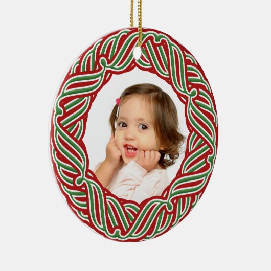 あなたの写真の赤い及び緑フレームのクリスマスのオーナメント セラミックオーナメント (右)