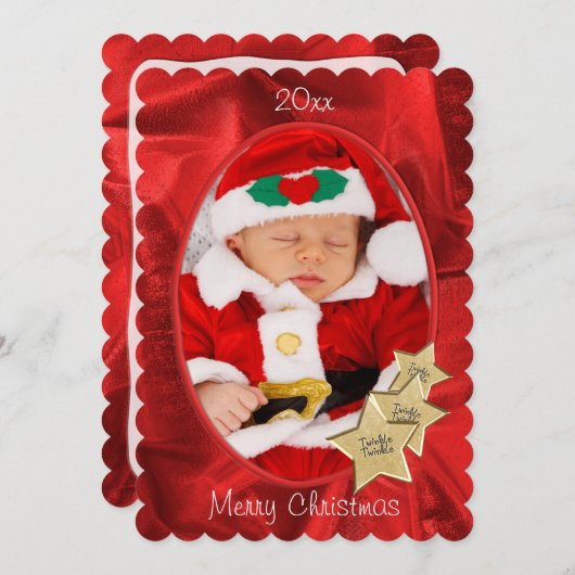 あなたの写真を個人化して下さい: 赤いクリスマスの楕円形フレーム シーズンカード (正面/裏面)