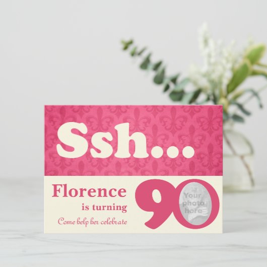 あなたの写真を追加sshサプライズ90th誕生日招待状 招待状 (スタンド正面)