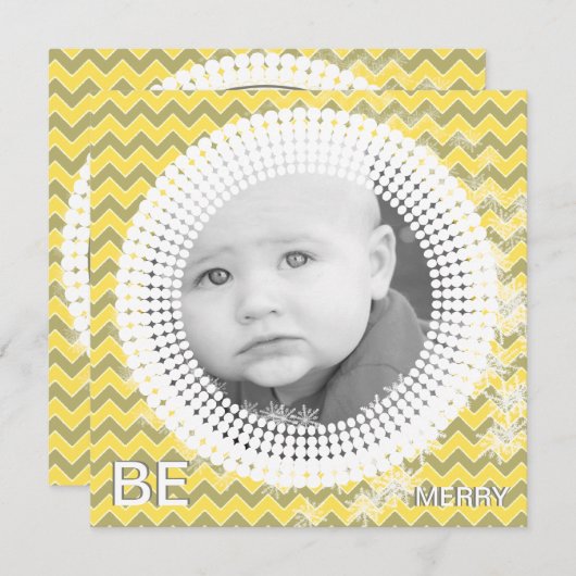 あなたの写真イエロー&グレーシェブロン私の最初のクリスマス シーズンカード (正面/裏面)