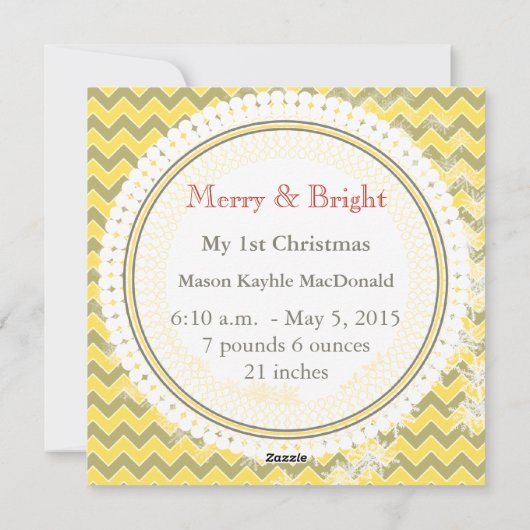 あなたの写真イエロー&グレーシェブロン私の最初のクリスマス シーズンカード (裏面)