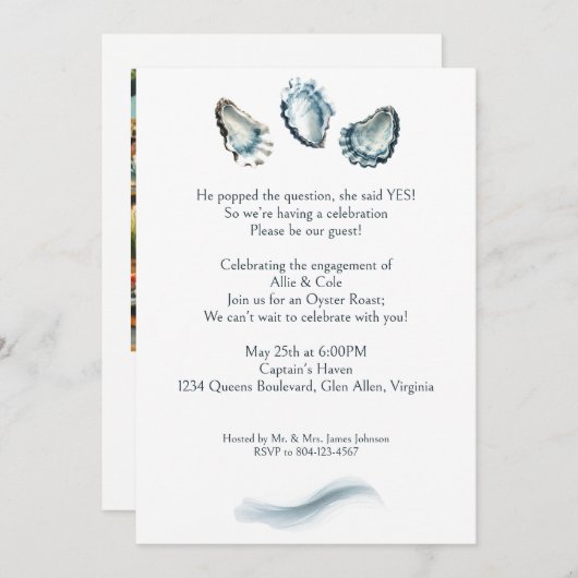 あなたの写真エレガントオイスターロースト婚約パーティ 招待状 (正面/裏面)