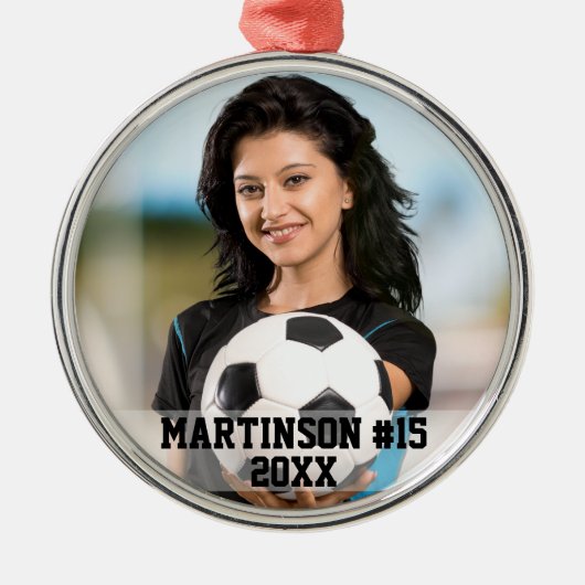 あなたの写真カスタムのサッカーまたはあなたのスポーツラウンド メタルオーナメント (正面)