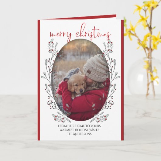 あなたの写真クリスマスの葉と果実 カード (黄色い花)