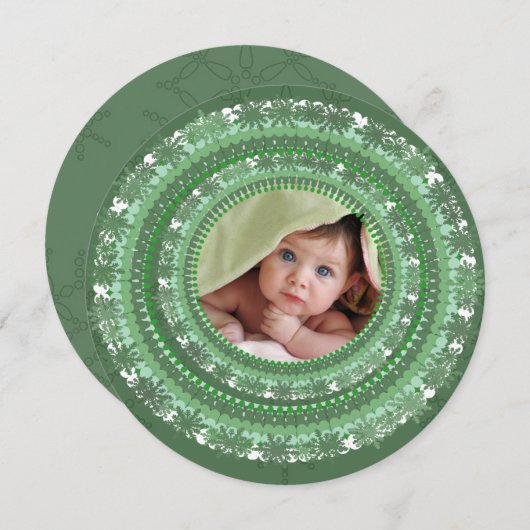 あなたの写真グリーンスノーフレーク私の初めてのクリスマス シーズンカード (正面/裏面)