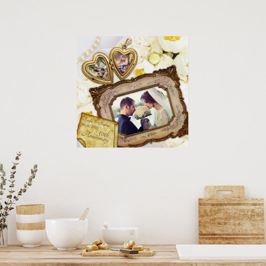 あなたの写真ハートロケットアンティークフレーム記念日 ポスター (キッチン)