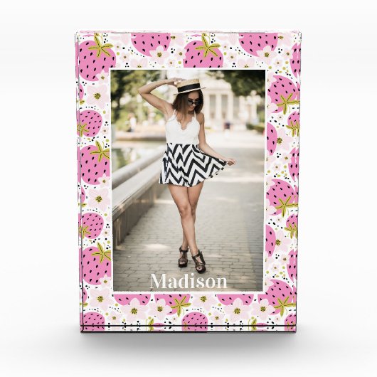 あなたの写真ピンクのイチゴ名前をカスタムする フォトブロック (正面)