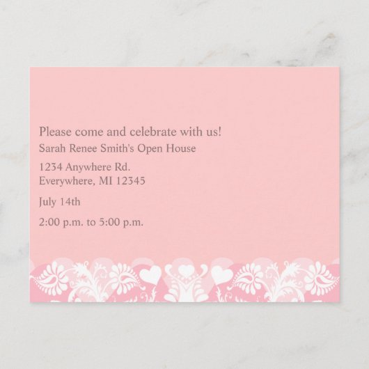 あなたの写真ピンクの卒業式オープンハウス インビテーションポストカード (裏面)