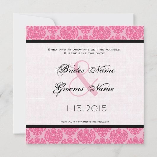 あなたの写真ピンクの黒のダマスクの結婚式の日付を保存 招待状 (裏面)