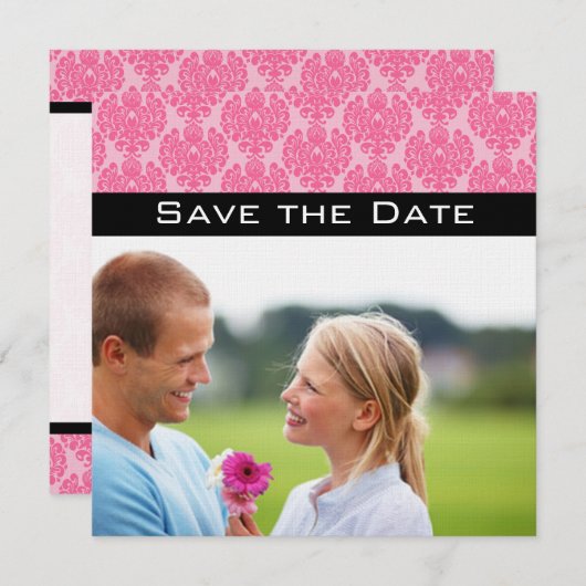 あなたの写真ピンクの黒のダマスクの結婚式の日付を保存 招待状 (正面/裏面)