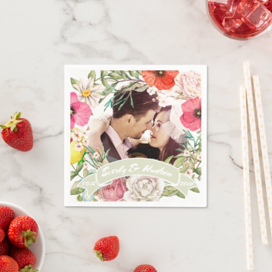 あなたの写真ピンクレッドイエローローズ結婚のリース スタンダードカクテルナプキン (インサイチュ)