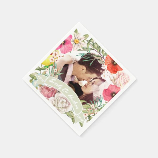 あなたの写真ピンクレッドイエローローズ結婚のリース スタンダードカクテルナプキン (角)