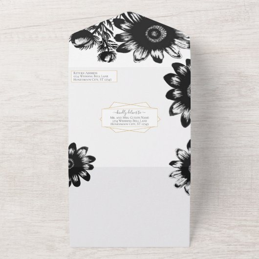 あなたの写真フローラ白黒ひまわり オールインワン招待状 (外側)