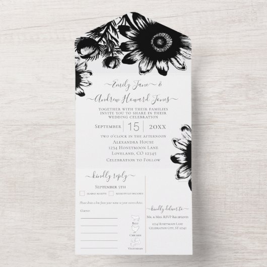 あなたの写真フローラ白黒ひまわり オールインワン招待状 (内側)