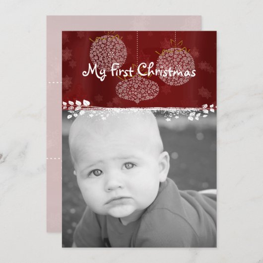 あなたの写真ホワイトオーナメント私の最初のクリスマス シーズンカード (正面/裏面)