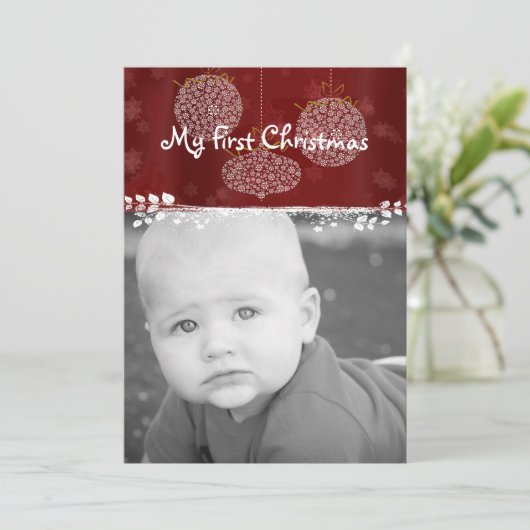 あなたの写真ホワイトオーナメント私の最初のクリスマス シーズンカード (スタンド正面)