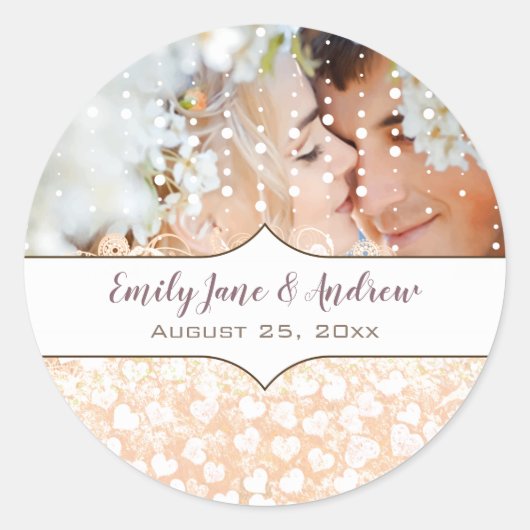 あなたの写真ロマンチックなハートリーフバラ金ゴールドピンクツリー ラウンドシール (正面)