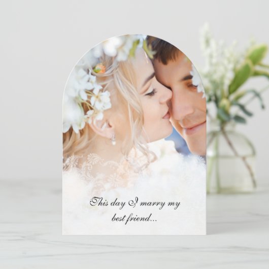 あなたの写真ヴィンテージダマスクブラックフォント結婚ズ 招待状 (スタンド正面)