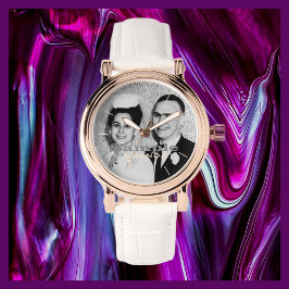 あなたの写真名バラ金ゴールド女性のホワイトバンド手首 腕時計