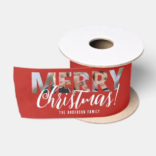 あなたの写真文字メリークリスマスフェスティバルレッド サテンリボン