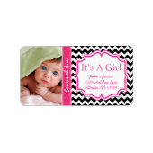 あなたの写真新生児その女の子ピンクのトレンディージグザグ ラベル (正面)