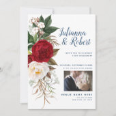 あなたの写真水彩色フローラネイビー・ブルゴーニュ 招待状 (正面)