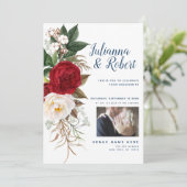 あなたの写真水彩色フローラネイビー・ブルゴーニュ 招待状 (スタンド正面)