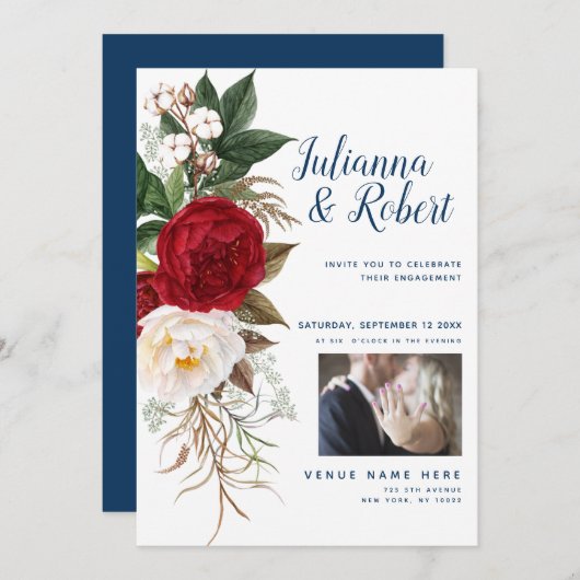 あなたの写真水彩色フローラネイビー・ブルゴーニュ 招待状 (正面/裏面)