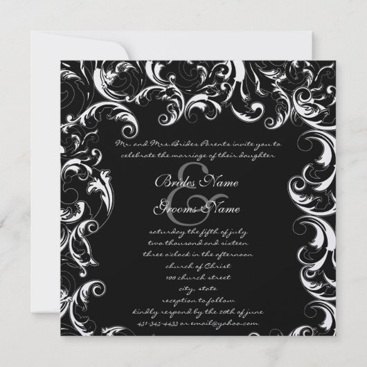 あなたの写真結婚式招待状黒いファンシー渦巻き 招待状 (裏面)