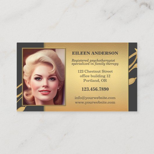 あなたの写真金ゴールドグレーファミリーセラピスト 名刺 (裏面)