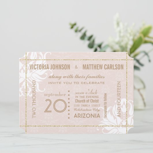 あなたの写真金ゴールドバラダマスクフローラ結婚ズ 招待状 (スタンド正面)