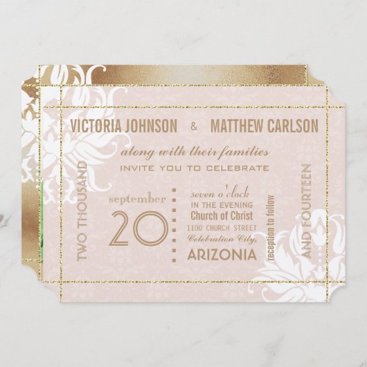 あなたの写真金ゴールドバラダマスクフローラ結婚ズ 招待状 (正面/裏面)