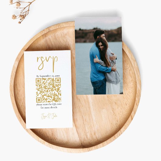 あなたの写真金ゴールドQRコード黒い結婚式RSVP エンクロージャーカード