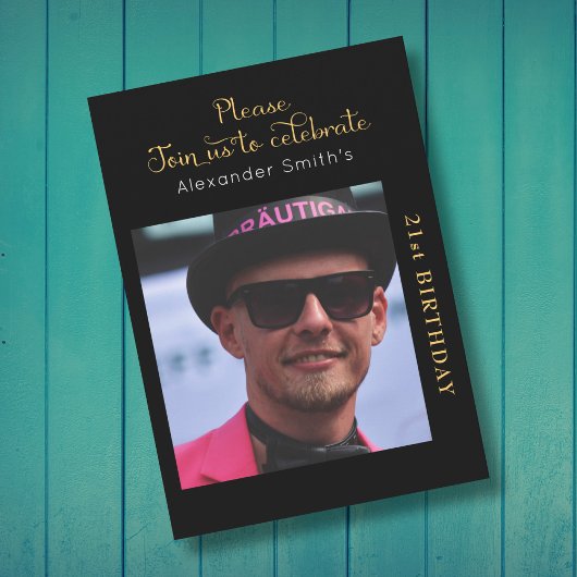あなたの写真21st誕生日ブラックと金ゴールド 招待状