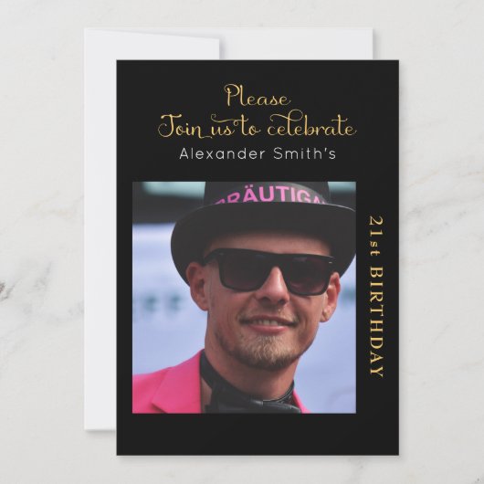 あなたの写真21st誕生日ブラックと金ゴールド 招待状 (正面)
