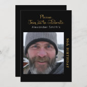 あなたの写真50番目の誕生日ブラック金ゴールド招待状 招待状 (正面/裏面)