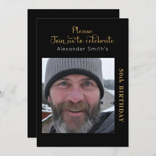 あなたの写真50番目の誕生日ブラック金ゴールド招待状 招待状 (正面/裏面)