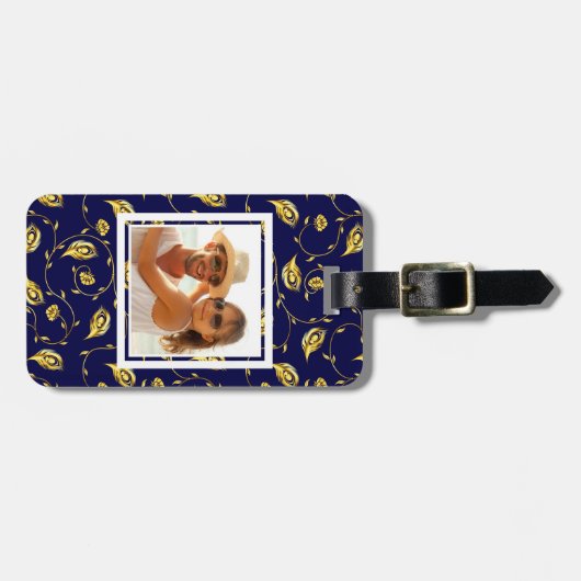あなたの写真|の濃紺の孔雀パターンを加えて下さい ラゲッジタグ (正面横)