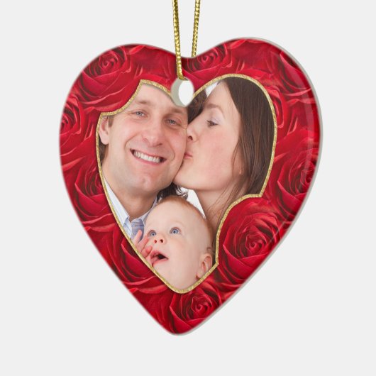 あなたの写真：クリスマスレッドローズパターンのハートフレーム セラミックオーナメント (左)