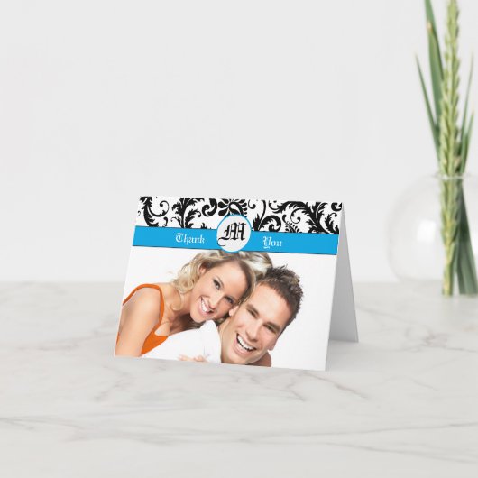 あなたの写真 ブラック ダマスク アクア ボーダー ありがとう サンキューカード (正面)