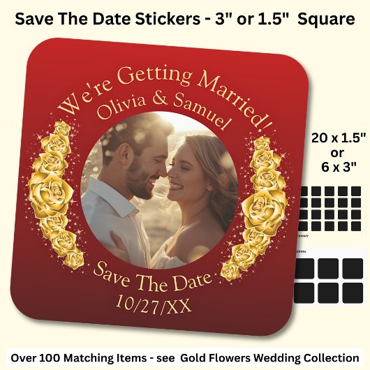 あなたの写真、保存日付、金の花 マルーンレッド スクエアシール