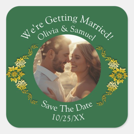 あなたの写真、記念日を保存、エメラルドグリーンとゴールド スクエアシール (正面)