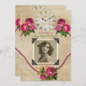 あなたの写真 追悼式 ローズ パール 時計 招待状 (正面/裏面)