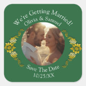 あなたの写真、Save The Date、エメラルドグリーンとゴールド スクエアシール (正面)