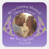 あなたの写真、Save The Date、紫色と薄紫色の花 スクエアシール (正面)