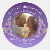 あなたの写真、Save The Date、紫色と薄紫色の花 ラウンドシール (正面)