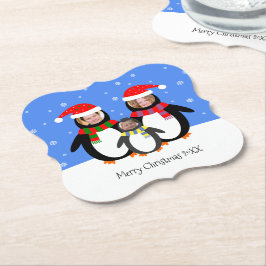 あなたの写真winter penguins家族のクリスマス ペーパーコースター