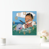 あなたの切り取られた写真および名前のかわいいクジラの時計 スクエア壁時計 (ホーム)