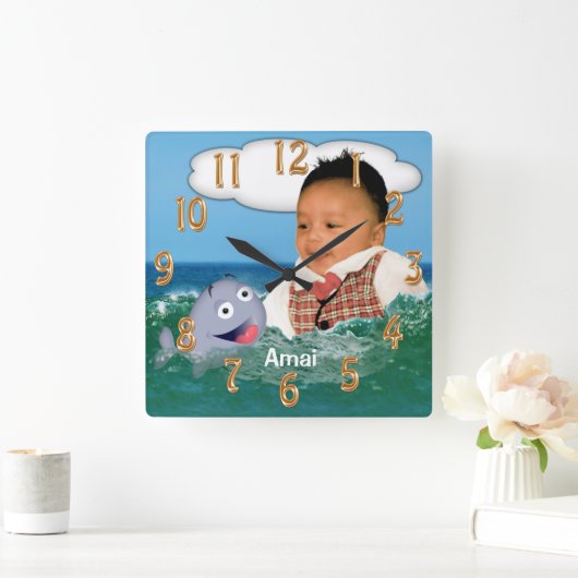 あなたの切り取られた写真および名前のかわいいクジラの時計 スクエア壁時計 (ホーム)